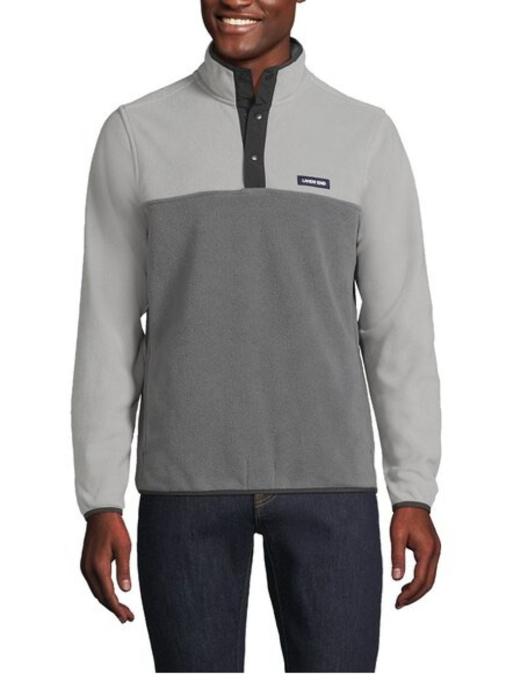 Lands’ End Gray Fleece Pullover Snap Neck Size L 42-44 Unisex Cozy